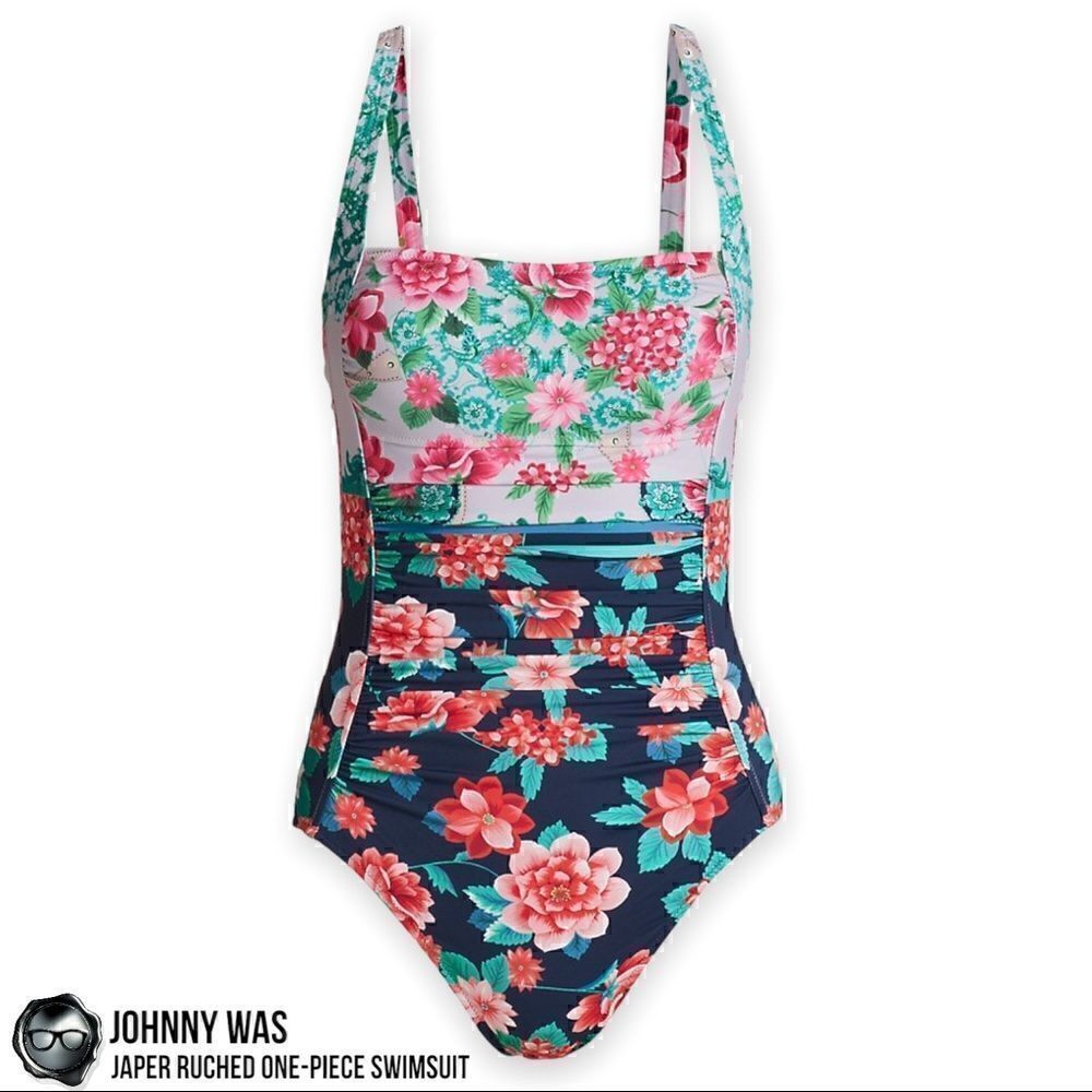 JOHNNY WAS JAPER RUCHED ONE PIECE SWIMSUIT IN FLORAL BLUE RED SMALL, LARGE NEW - Picture 2 of 16